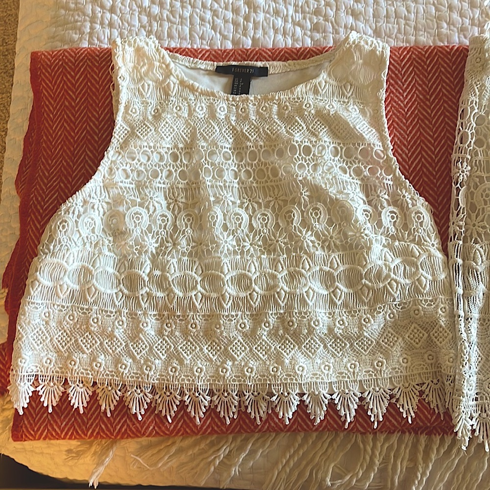 Two Piece Set White Textured Skirt and Tank